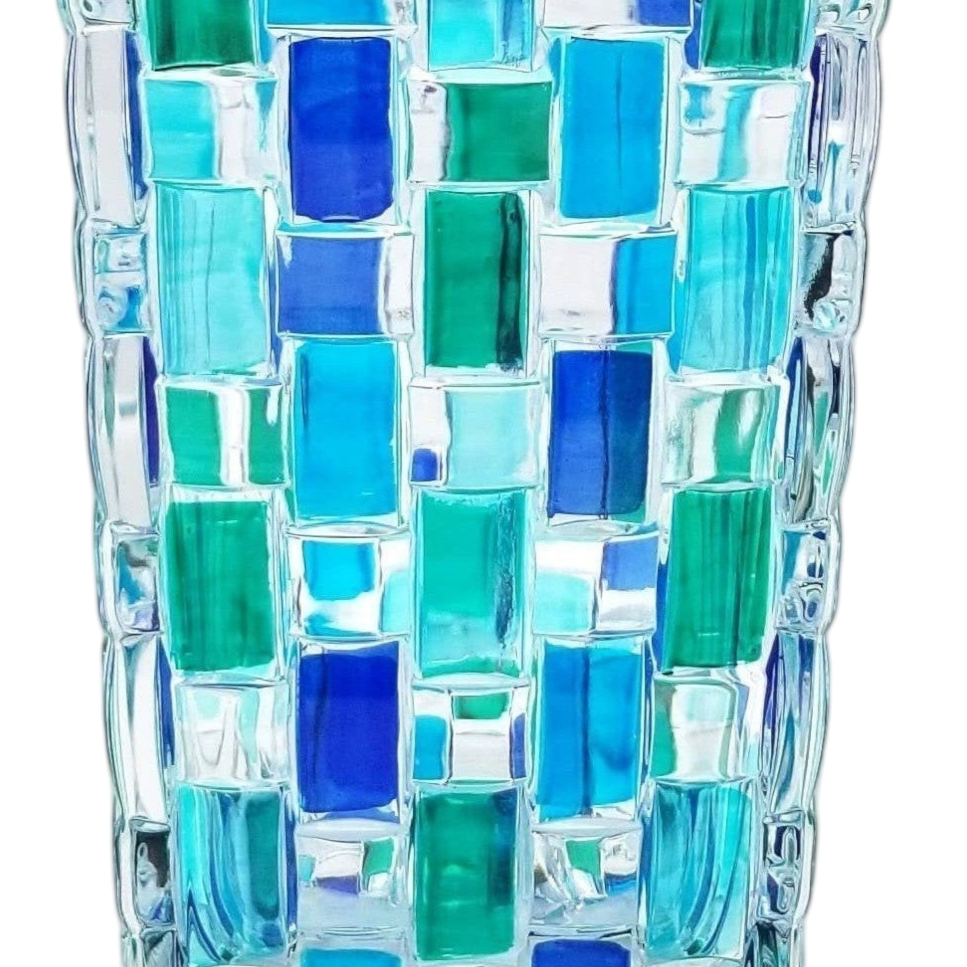 Mellow Monkey Bossanova Aqua Venetian Crystal Vase - 8" hand-painted mosaic glass with blue and green hues.