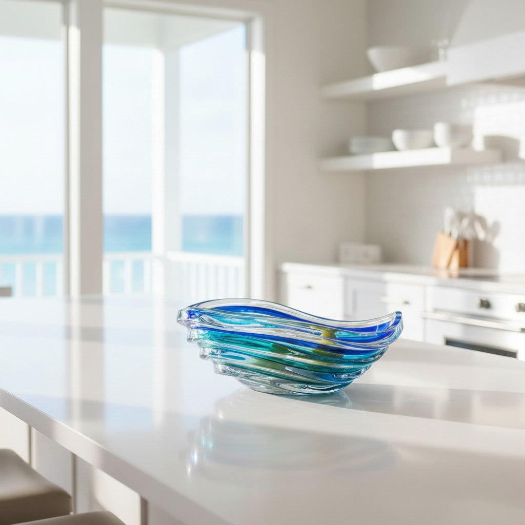 Mellow Monkey Aqua Wave 10-in Venetian crystal glass bowl with blue and green hues, hand painted with a wave design.
