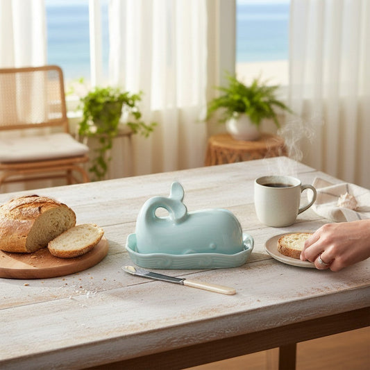 Mellow Monkey aqua ceramic whale butter dish with lid, featuring a tail handle and wave rim detail.