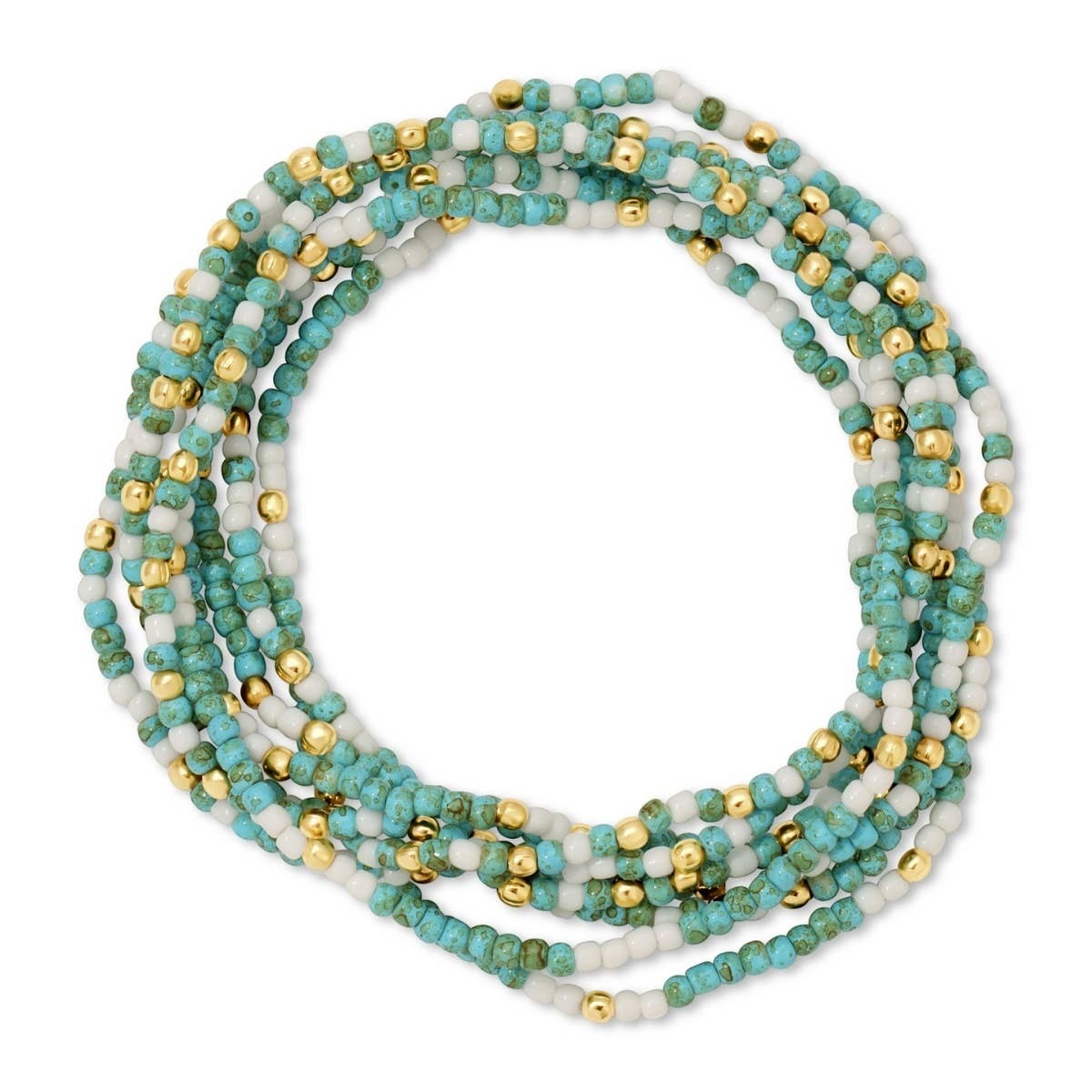 Mellow Monkey set of 8 stretch seed bead bracelets in aqua, white, and 18k gold plated brass for a stacked look.