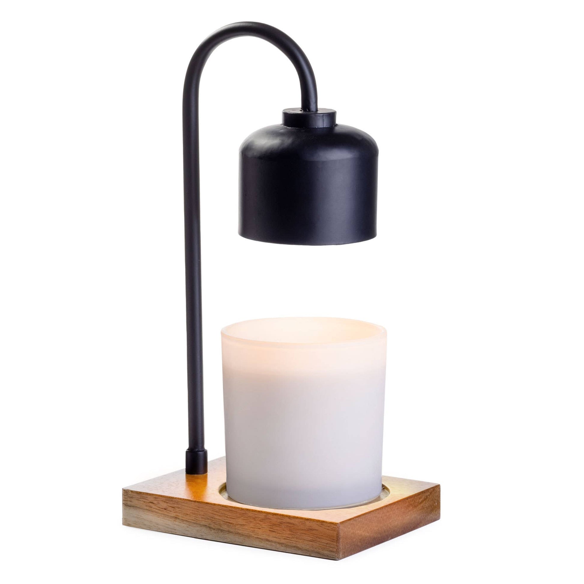 Mellow Monkey arched candle warmer lamp with a black matte metal stem and a natural wood base holding a jar candle.
