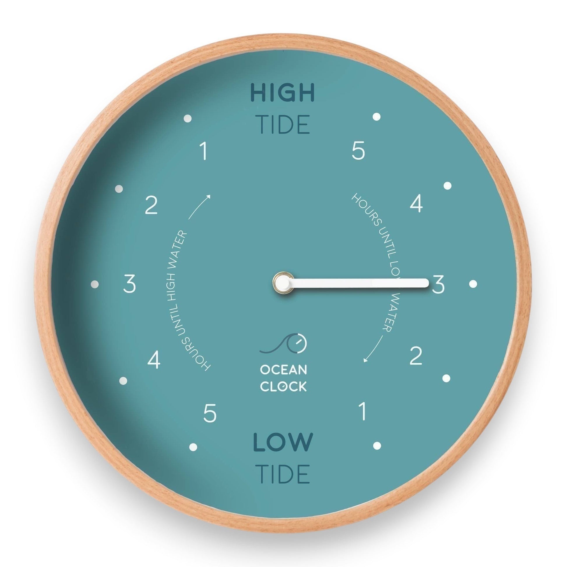 Mellow Monkey Arctic Turquoise Wooden Tide Clock with beech frame, white hands, and mineral glass face. Displays hours until high and low tide.