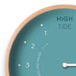 Mellow Monkey Arctic Turquoise Wooden Tide Clock with natural beech frame and white hands, displays hours until high and low tide.