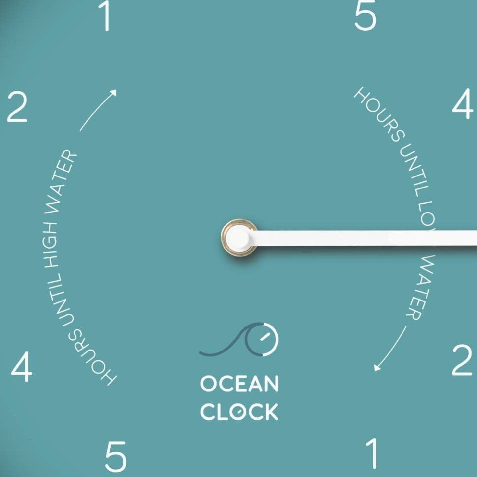 Mellow Monkey Arctic Turquoise Wooden Tide Clock with white hands and face, showing hours until high or low water.