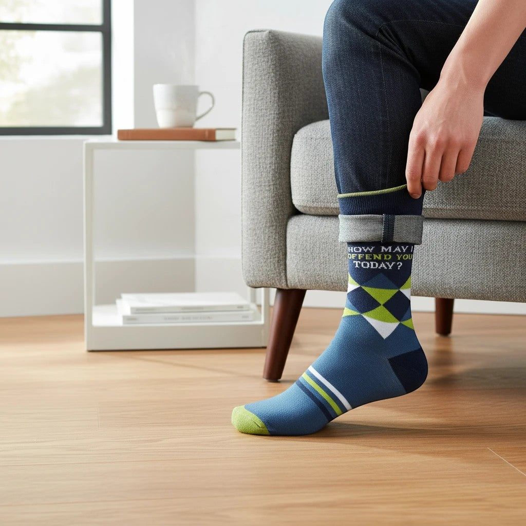 Mellow Monkey crew socks featuring an argyle pattern and the text How May I Offend You Today? worn by a person.