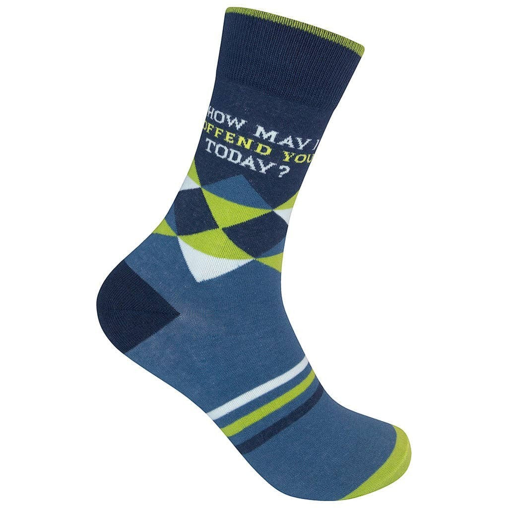 Mellow Monkey crew socks in navy and lime green argyle with the text How May I Offend You Today? on the cuff.