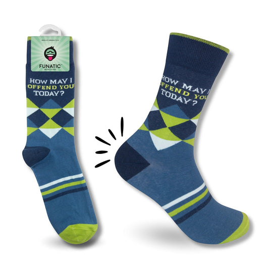Mellow Monkey Funatic crew socks featuring a navy and lime green argyle pattern with the text How May I Offend You Today
