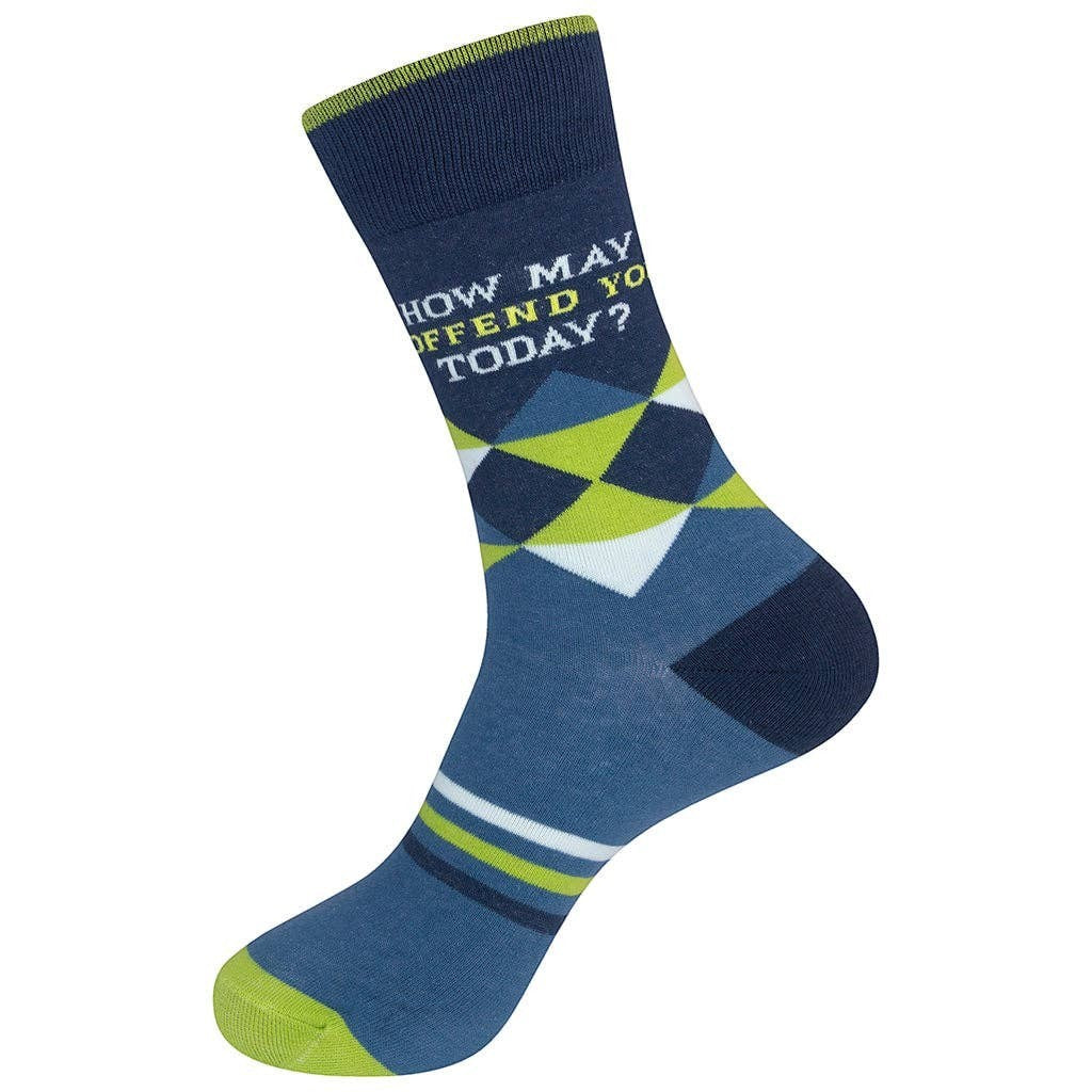 Mellow Monkey crew socks featuring a navy and lime green argyle pattern with the text How May I Offend You Today?