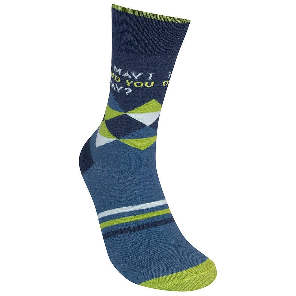 Mellow Monkey crew socks featuring a navy and lime argyle pattern with the text How May I Offend You Today?