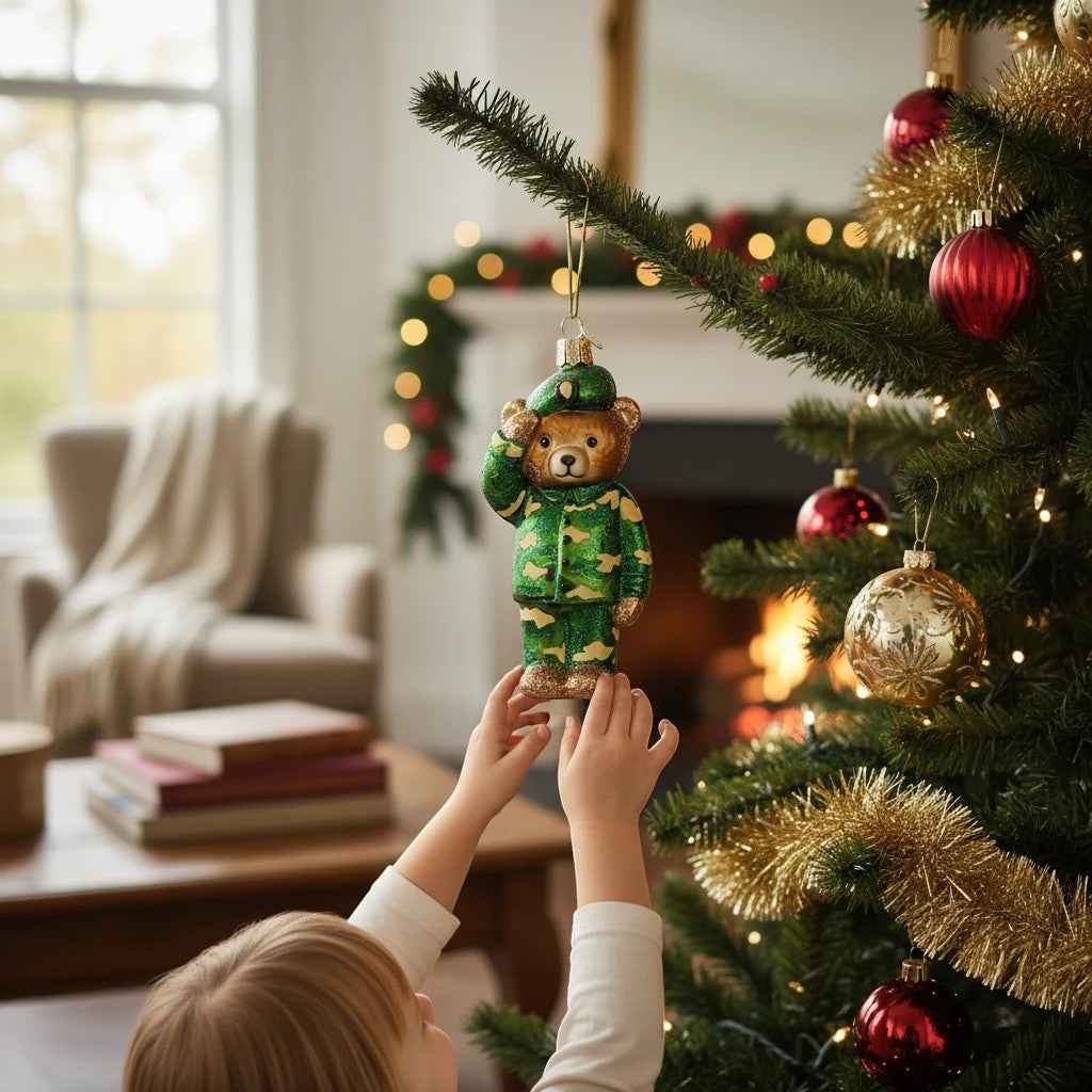 Mellow Monkey Army Bear glass ornament in camouflage uniform saluting. 5-inch tall, holiday decoration.