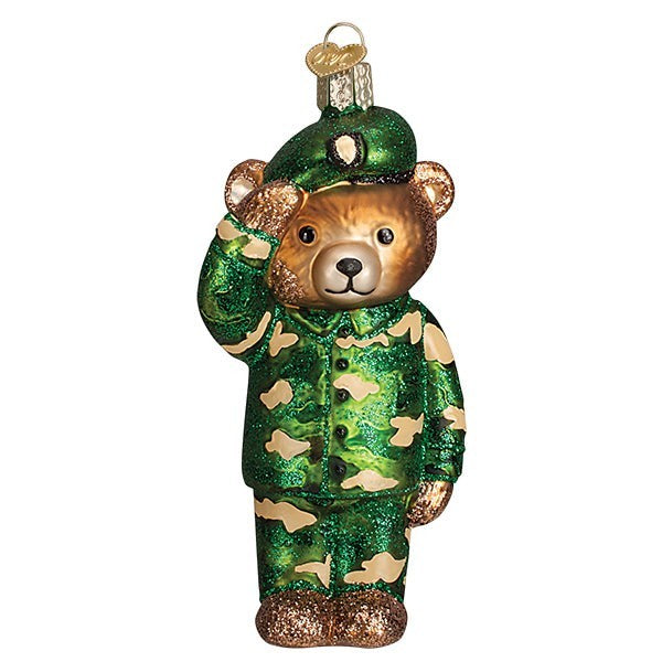 Mellow Monkey Army Bear glass ornament saluting in green camouflage uniform and beret. 5-in.