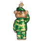 Mellow Monkey Army Bear glass ornament in green camouflage uniform and beret, saluting. 5-inch.