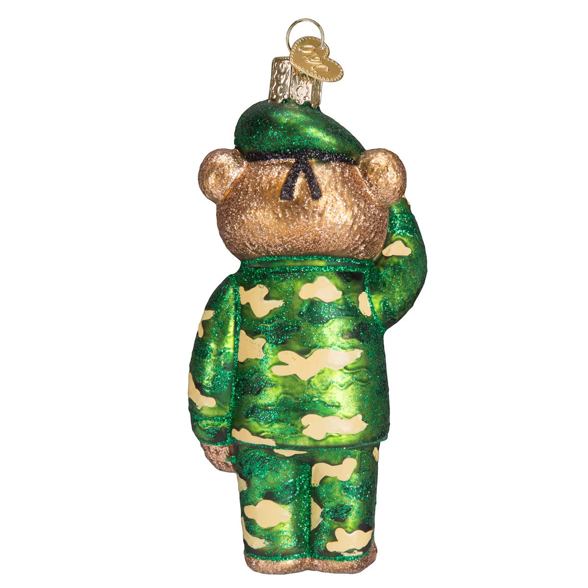 Mellow Monkey Army Bear glass ornament in green camouflage uniform and beret, saluting. 5-inch.