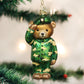 Mellow Monkey Army Bear glass ornament in camouflage uniform and green beret, saluting. 5-inch.