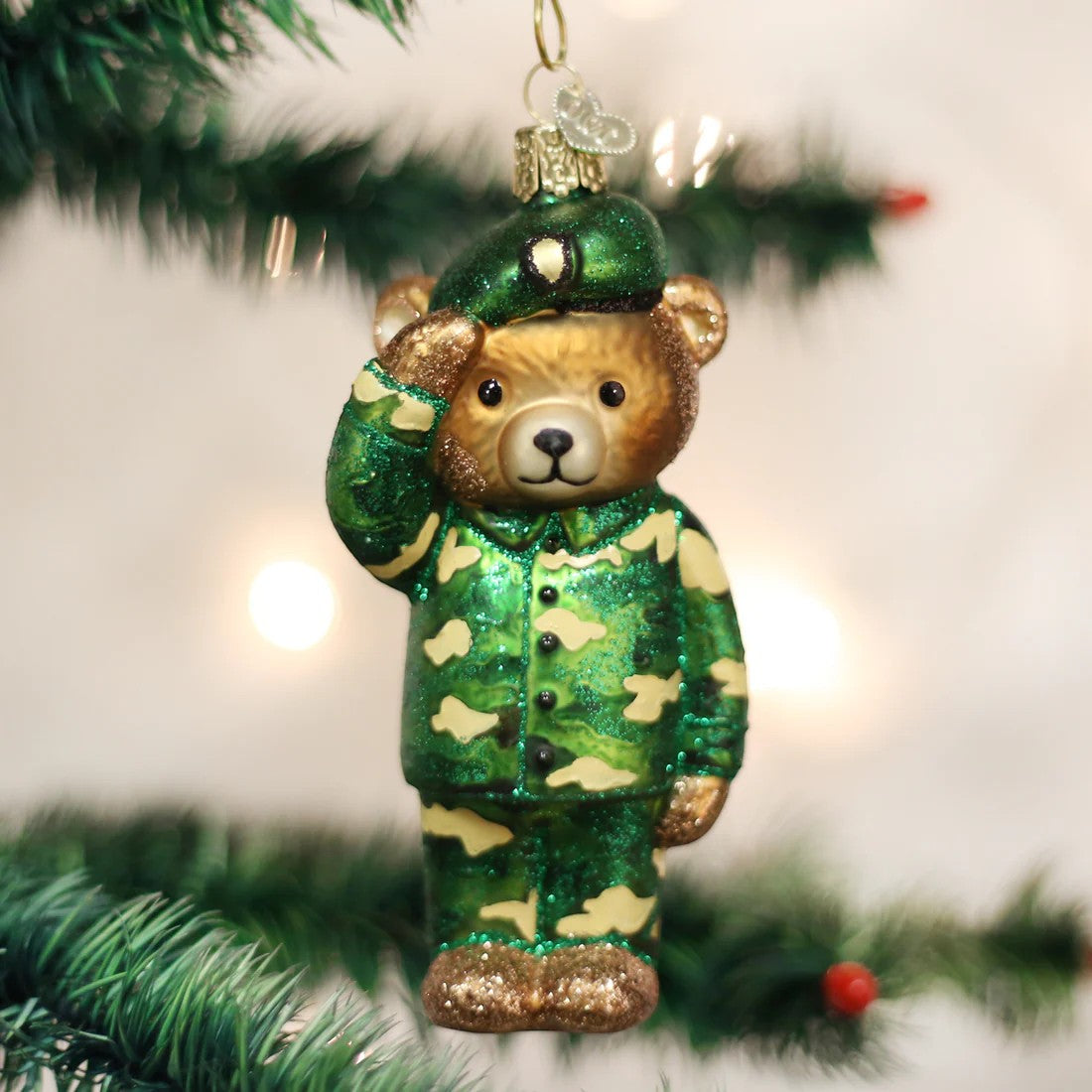 Mellow Monkey Army Bear glass ornament in camouflage uniform and green beret, saluting. 5-inch.