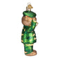 Mellow Monkey Army Bear glass holiday ornament, 5-inch, green camouflage uniform, saluting.