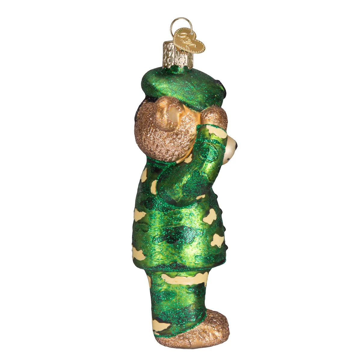Mellow Monkey Army Bear glass holiday ornament, 5-inch, green camouflage uniform, saluting.