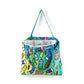 Mellow Monkey art supplies tote bag with colorful paint bottles and brushes pattern, interior zippered pocket, dual straps, washable polyester canvas.