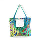 Mellow Monkey art supplies tote bag with colorful paint tubes, pencils, and palettes on a gradient background. Features dual straps and an interior zippered pocket.