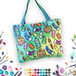 Mellow Monkey art supplies tote bag with a colorful gradient background and a pattern of cute art supplies like paint tubes, palettes, and spray cans.
