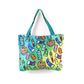 Mellow Monkey art supplies tote bag with paint tubes, palettes, brushes, and spray cans on a rainbow gradient background. Features dual straps and a zippered closure.