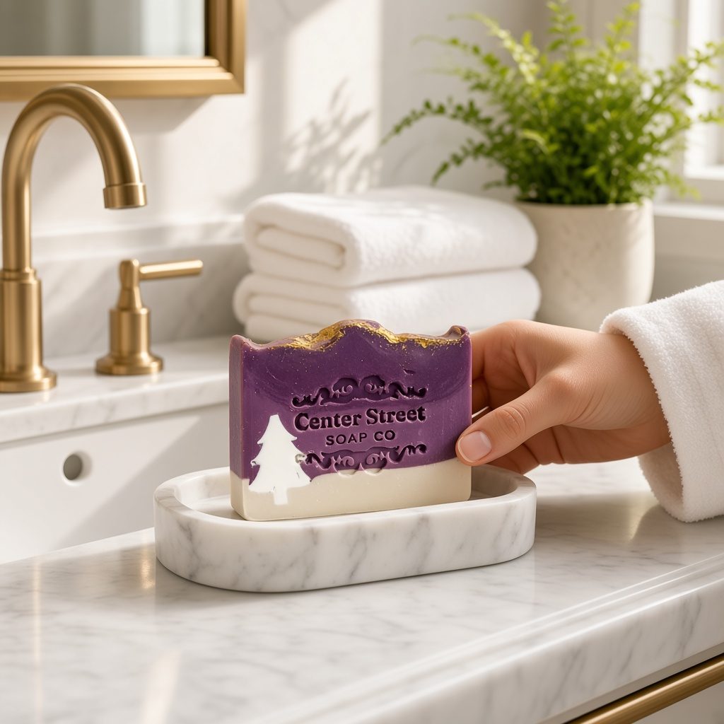 Mellow Monkey handmade purple and cream artisan soap bar with pine tree design on a marble soap dish in a bathroom.