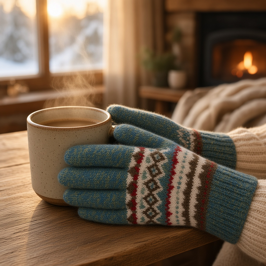 Mellow Monkey Aspen Fair Isle gloves in heirloom blue with a cozy sweater knit pattern, held near a warm fireplace.