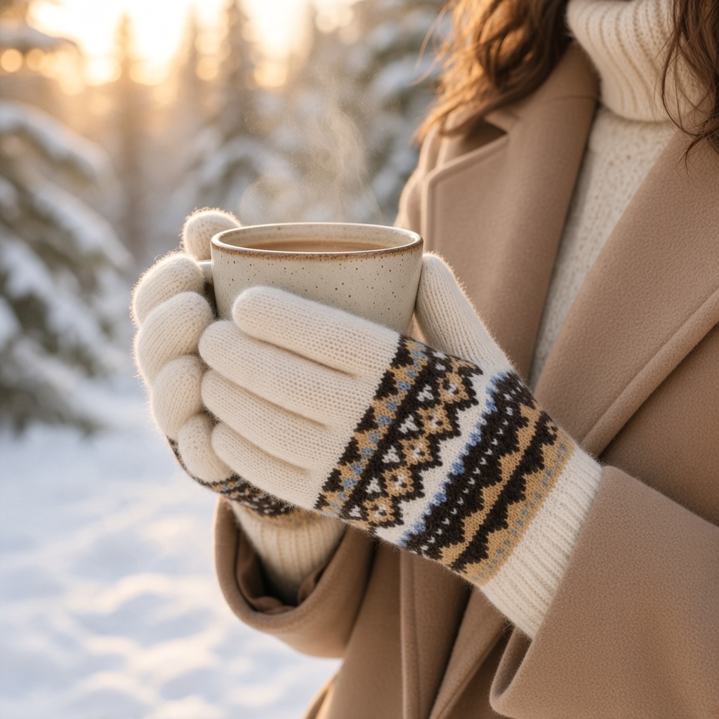 Mellow Monkey Aspen Fair Isle gloves in Cloud color with sweater knit texture holding a warm mug in a snowy forest.
