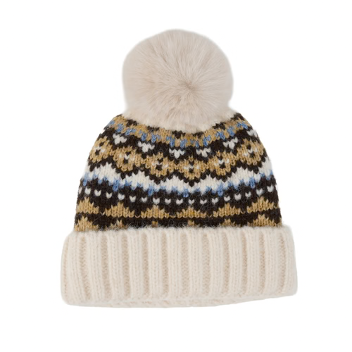 Mellow Monkey Aspen Fair Isle pom beanie in cream and brown knit with a plush faux fur pom-pom and ribbed cuff