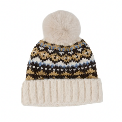 Mellow Monkey Aspen Fair Isle pom beanie in cream and brown knit with a plush faux fur pom-pom and ribbed cuff
