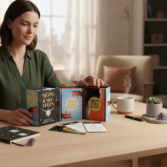 Mellow Monkey Signs & Skymates astrological compatibility deck with cards and guidebook on a wooden table.