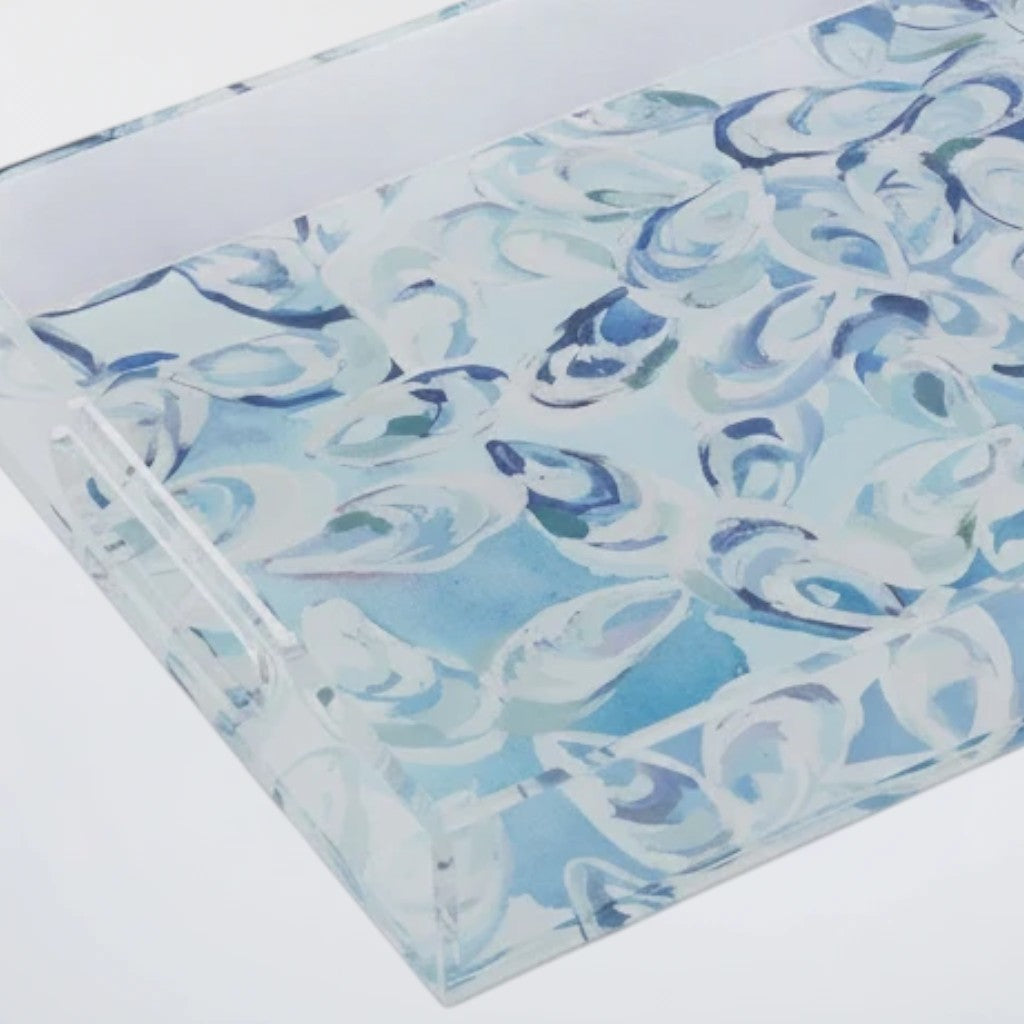 Mellow Monkey Atlantic Reef large acrylic serving tray with Kim Hovell art. Blue and white abstract coastal design.