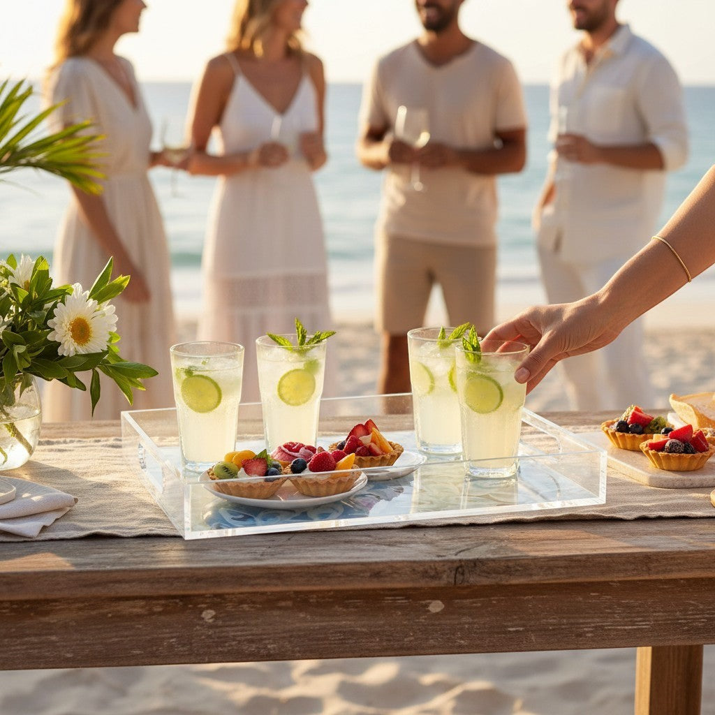 Mellow Monkey Large Acrylic Tray with Atlantic Reef art, serving drinks and tarts on a beach.