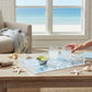 Mellow Monkey Atlantic Reef large acrylic serving tray with Kim Hovell art, blue and white pattern, serving drinks.