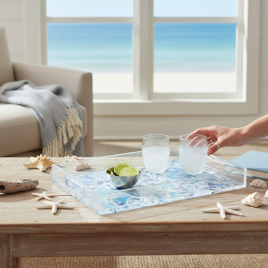 Mellow Monkey Atlantic Reef large acrylic serving tray with Kim Hovell art, blue and white pattern, serving drinks.