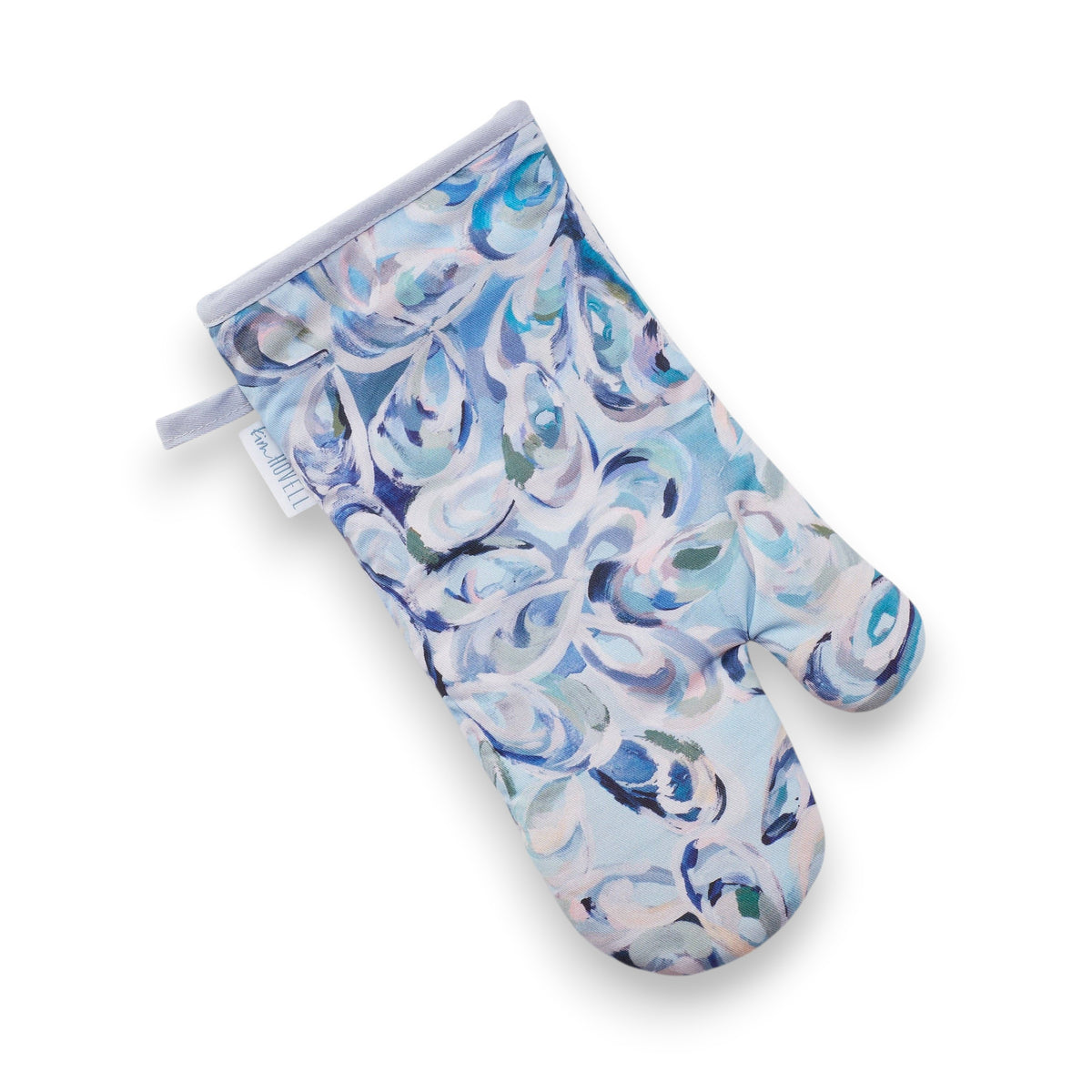 Mellow Monkey Atlantic Reef oven mitt featuring a blue and white abstract oyster shell print on 100% cotton fabric.