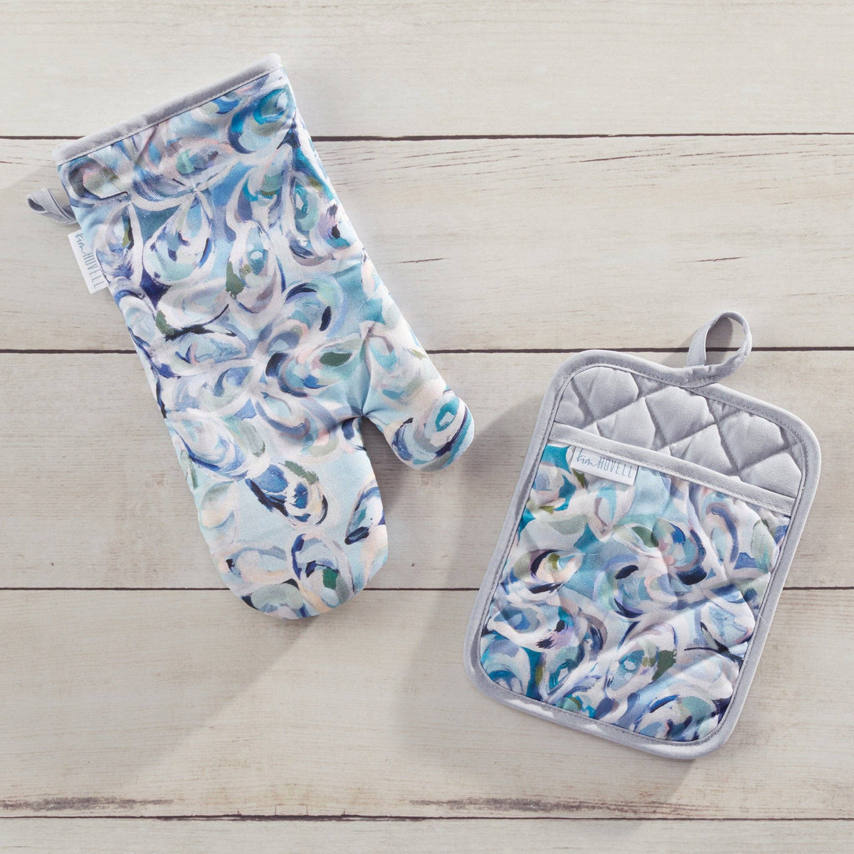 Mellow Monkey Atlantic Reef cotton oven mitt and pot holder set with blue abstract coastal art print