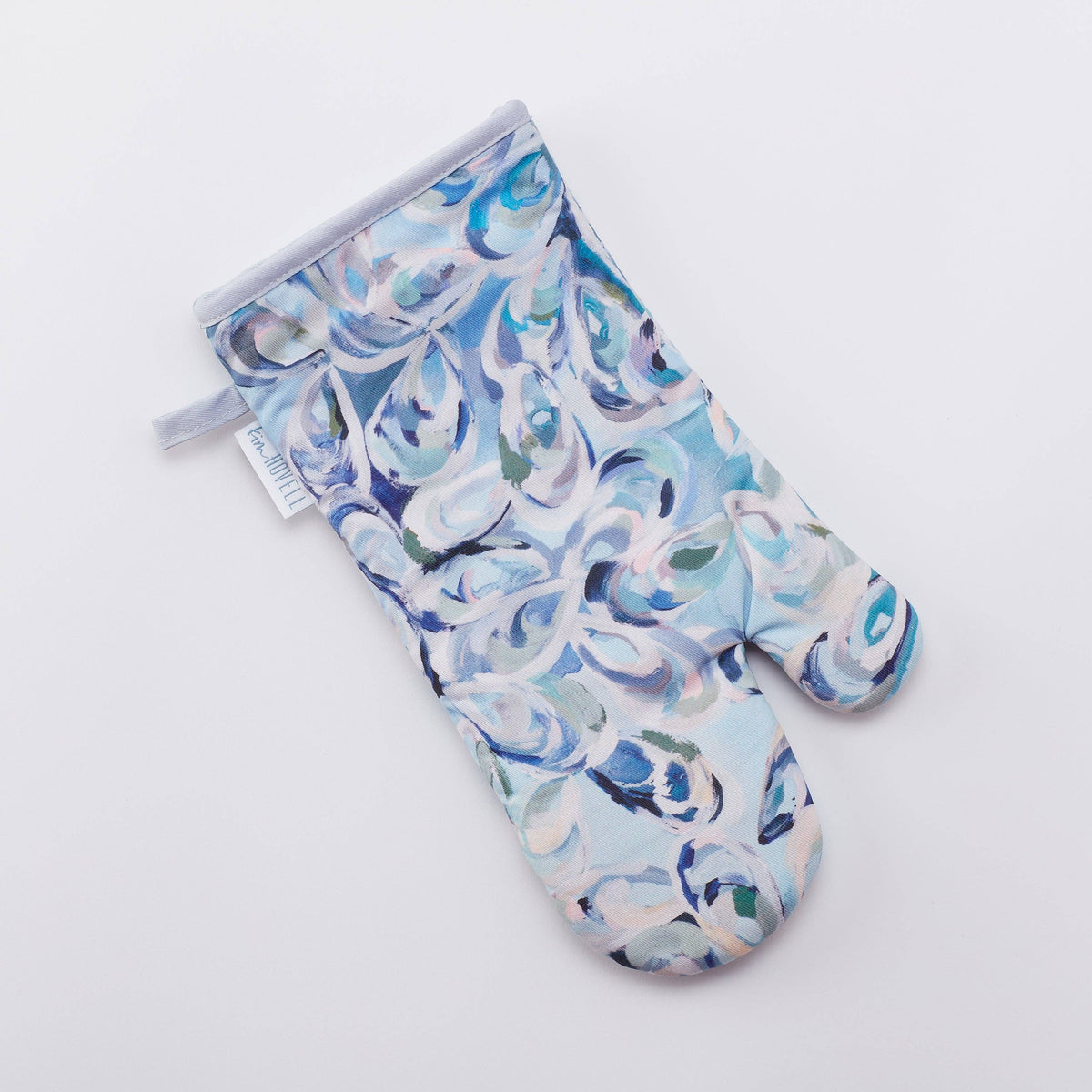 Mellow Monkey Atlantic Reef oven mitt in 100% cotton featuring a blue and white abstract oyster shell art print