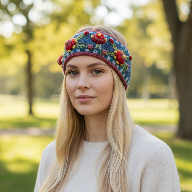 Mellow Monkey Aubrey headband in denim blue wool with hand-knit floral embroidery worn by a blonde woman outdoors.