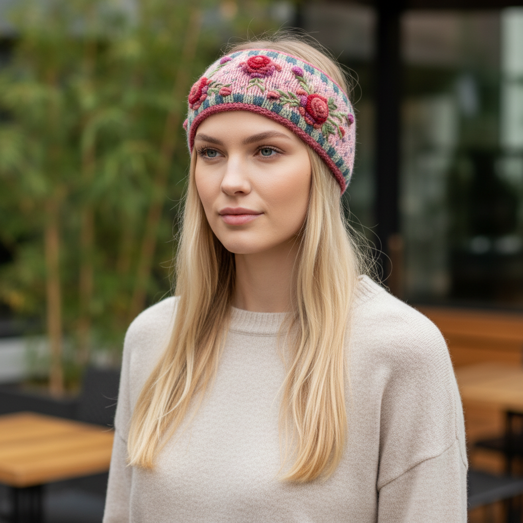 Mellow Monkey Aubrey headband in begonia pink wool with floral embroidery worn by a blonde woman in a beige sweater