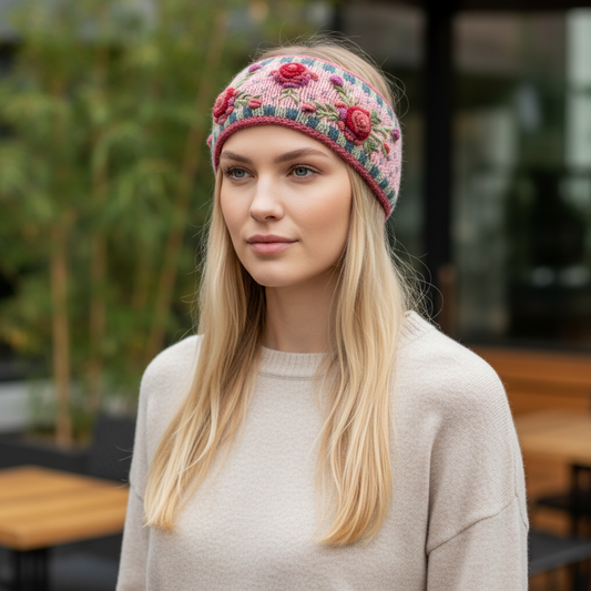 Mellow Monkey Aubrey headband in begonia pink wool with floral embroidery worn by a blonde woman in a beige sweater