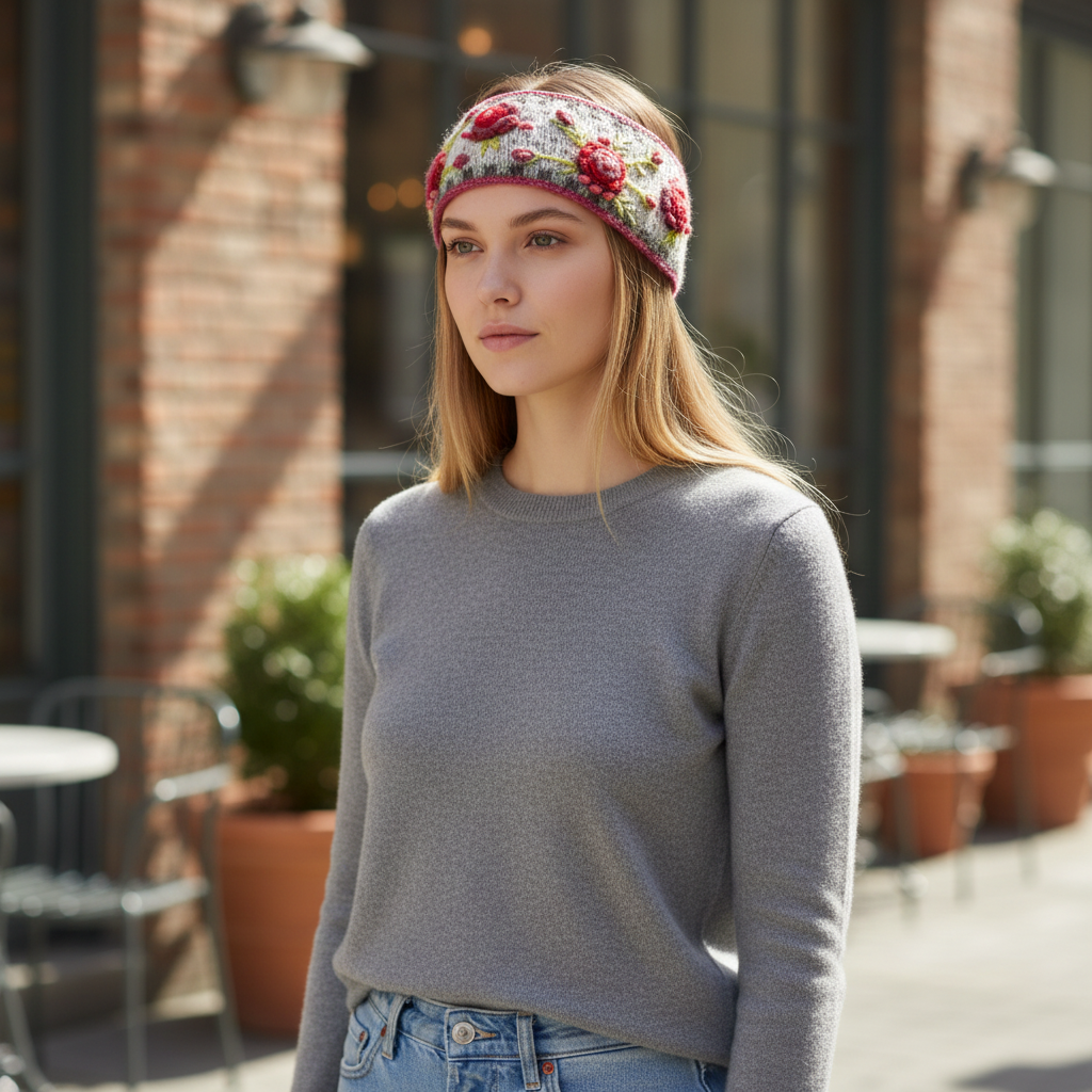 Mellow Monkey Aubrey headband in light natural wool with red floral embroidery worn by a woman outdoors