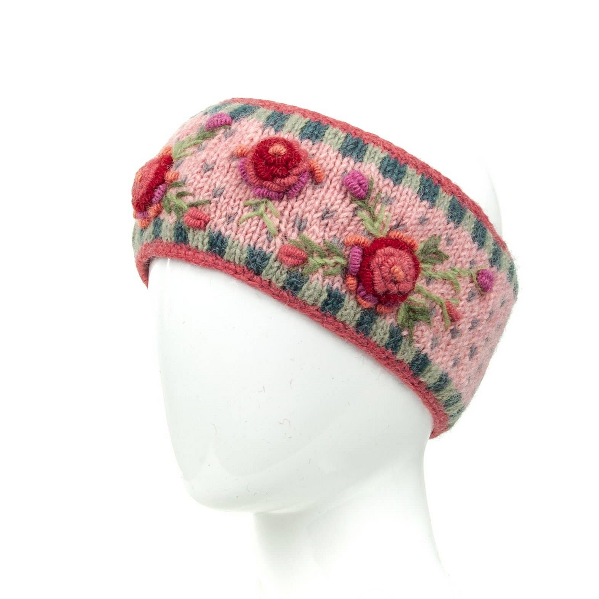 Mellow Monkey Aubrey hand-knit wool headband in begonia pink with floral embroidery and checkerboard trim