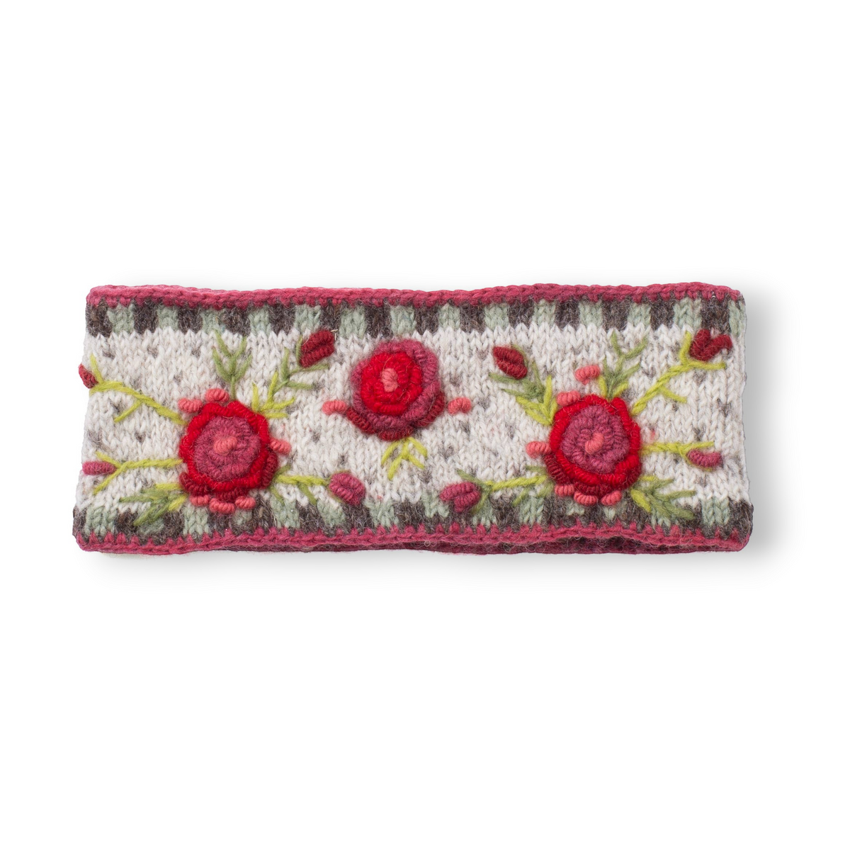 Mellow Monkey Aubrey headband in light natural wool with red floral embroidery, checkerboard, and candy stripe details.