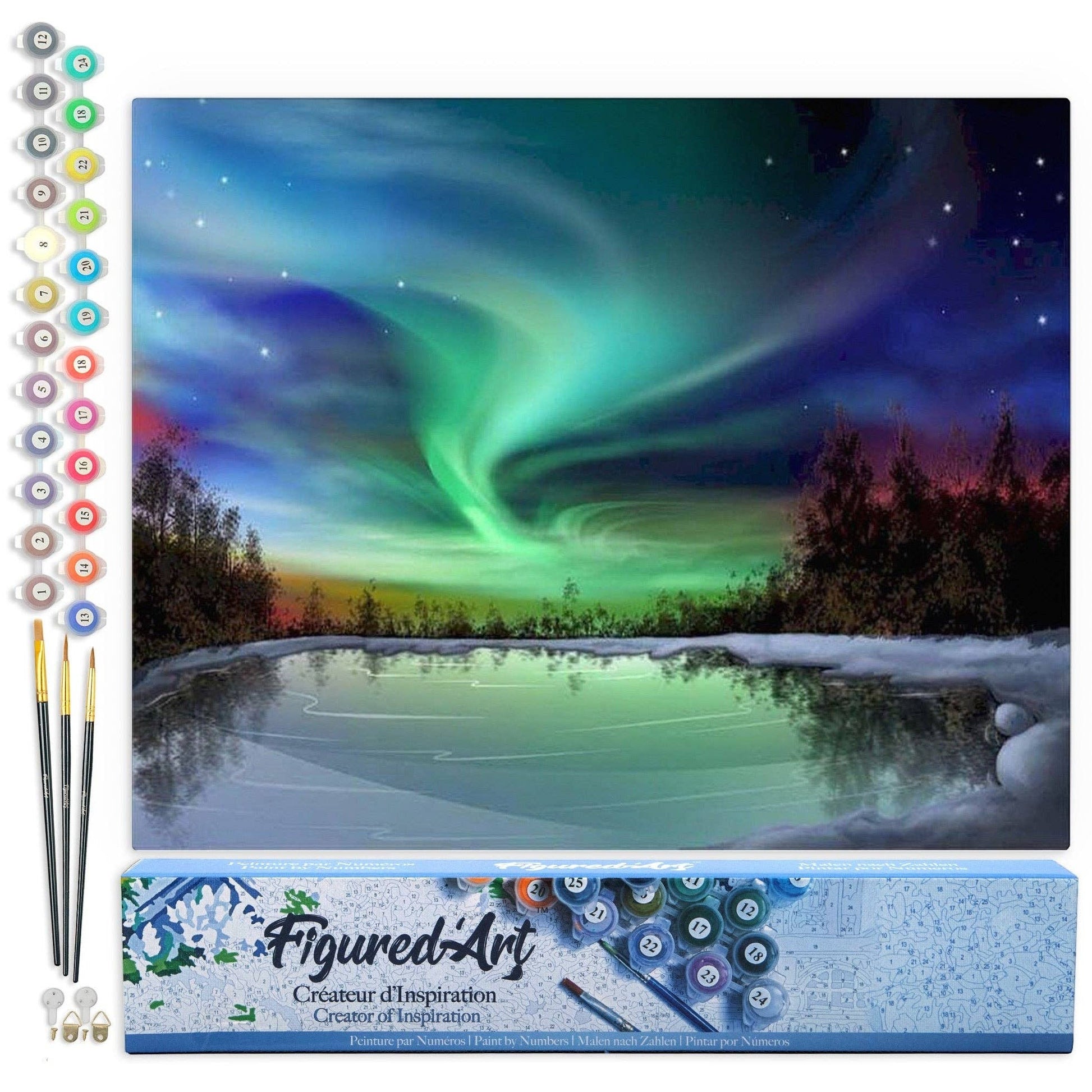 Mellow Monkey Aurora Borealis and Lake paint by numbers kit, 16"x20", easy difficulty, includes numbered canvas, brushes, acrylic paints.