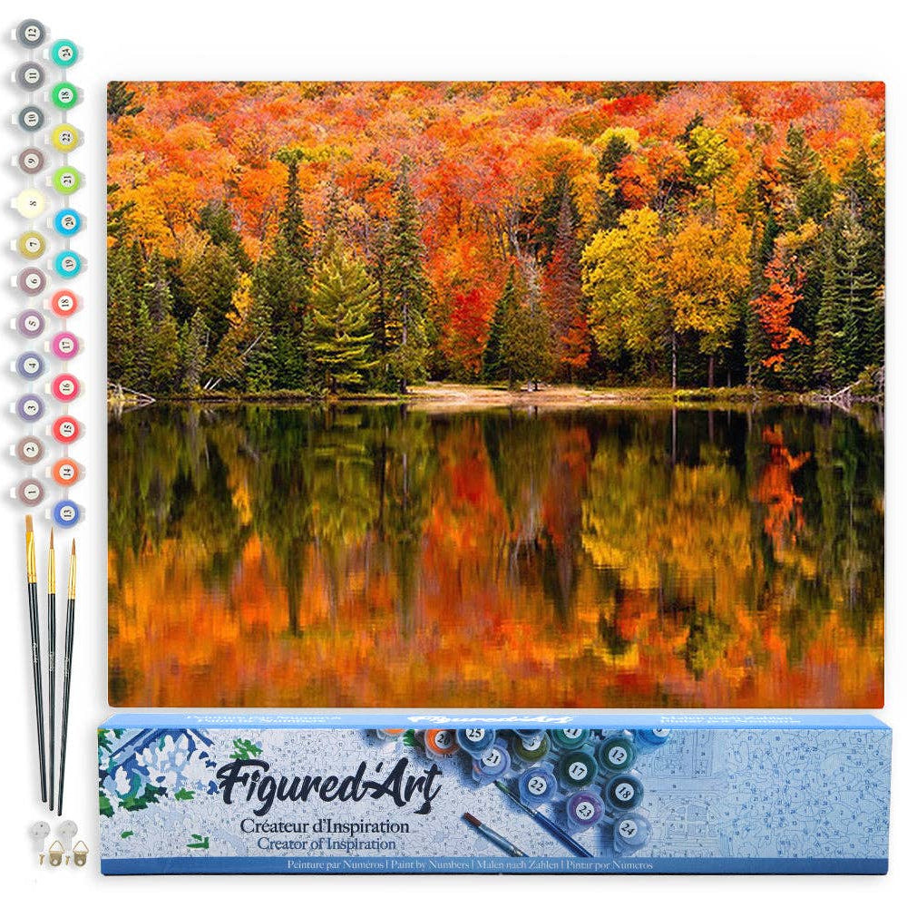 Mellow Monkey paint by numbers kit featuring a vibrant autumn forest landscape reflected in a calm lake on linen canvas