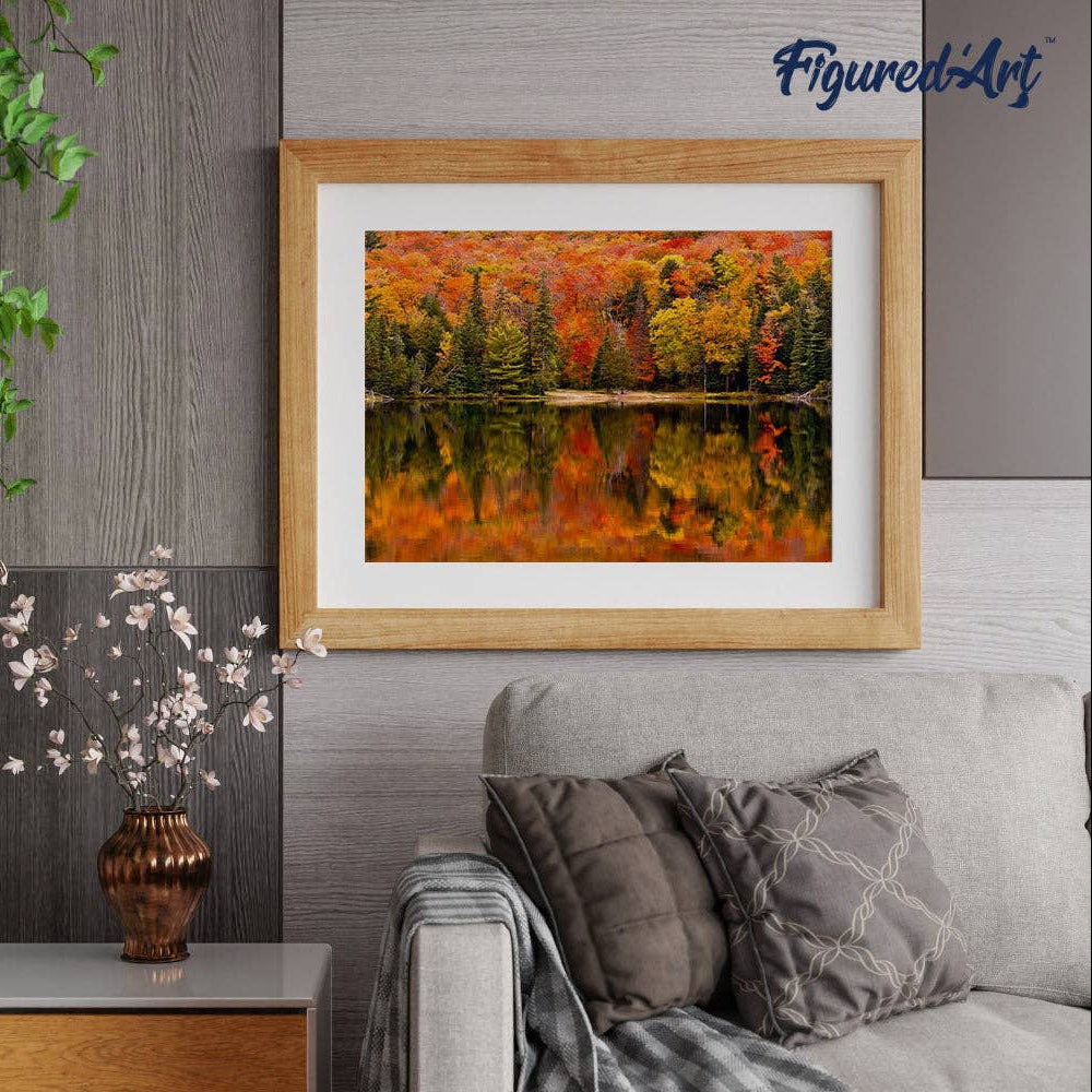 Mellow Monkey paint by numbers kit featuring a framed autumn lake reflection landscape on linen canvas.