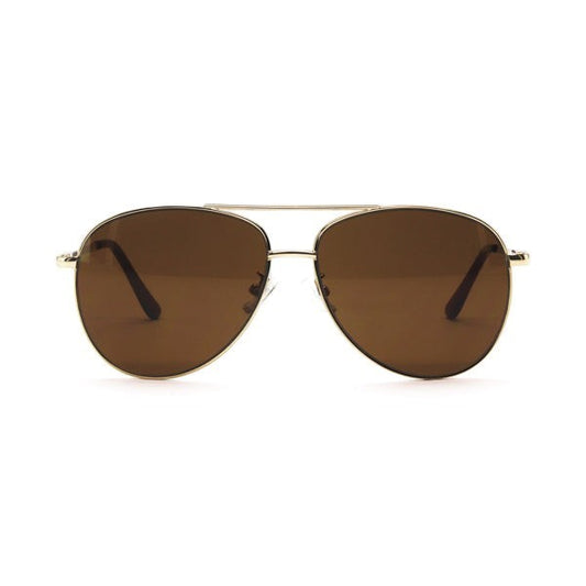 Mellow Monkey On The Fly Optimum Optical aviator sunglasses with gold frame and brown lenses. UV protected.