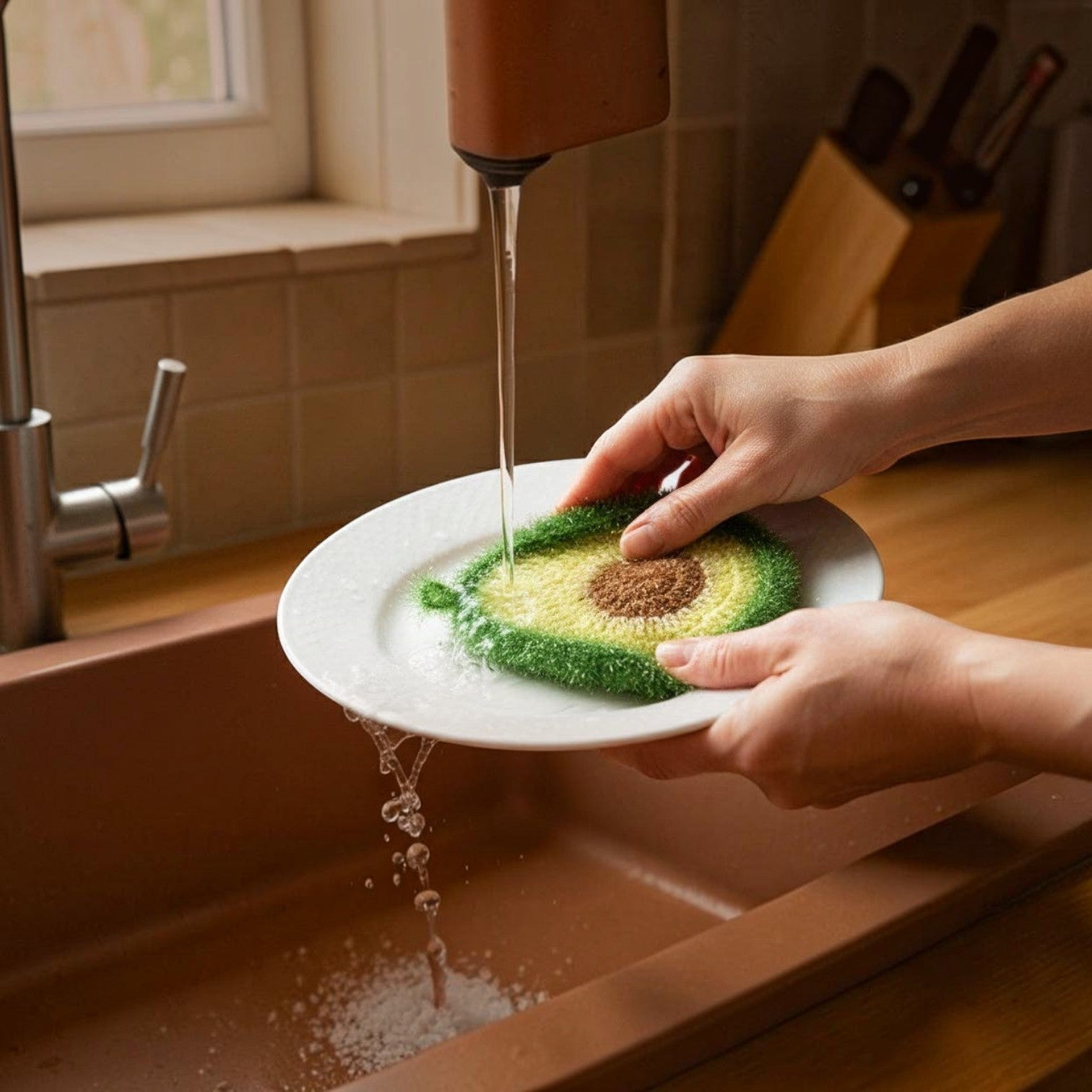 Mellow Monkey avocado-shaped dish scrubber cleaning a white plate under running kitchen faucet water