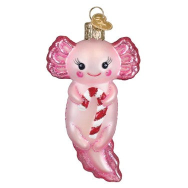 Mellow Monkey pink axolotl blown glass holiday ornament holding a candy cane, 3-3/4-in